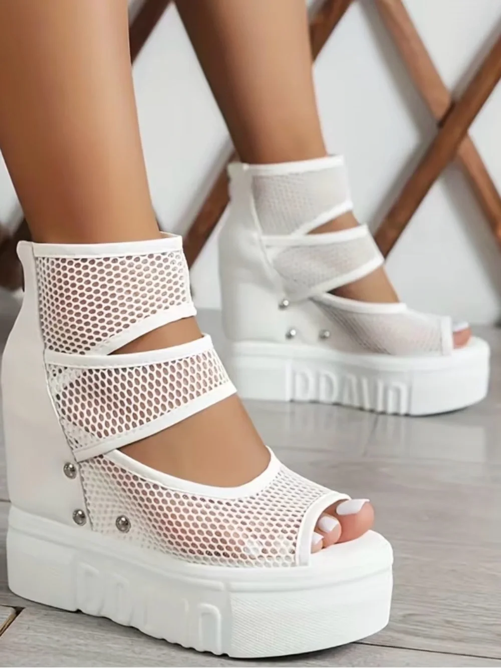 White Mesh Platform Sandals for Women